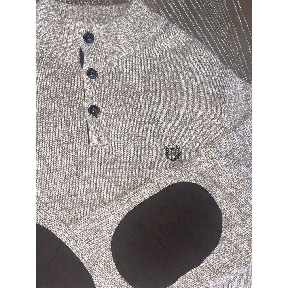 Chaps 1/4 Button Sweater Suede Elbow Pads Long‎ Sleeve EUC Beige/Brown FAST SHIP